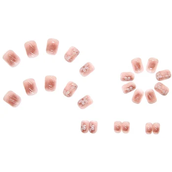 24ШТ Розовых накладных ногтей с цветочным рисунком для девочек, милый стиль, экономящий время, Короткий нажим на ногтях, съемный с помощью желеобразного геля / клея, накладные ногти DIN889