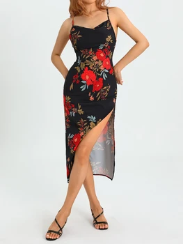 Женское платье миди на бретельках с цветочным принтом в стиле ретро, женское платье без рукавов с перекрестной шнуровкой, платье с разрезом, пляжная клубная одежда для вечеринок