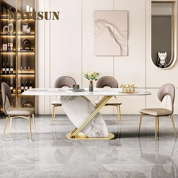 Обеденный стол из светлого роскошного шифера, современный минималистичный домашний ресторан высокого класса, итальянский прямоугольный мраморный стол, кухонная мебель