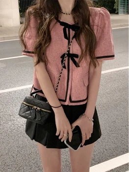Женская блузка с бантом контрастного цвета, женская рубашка с коротким рукавом с небольшим ароматом, летняя Корейская шикарная тонкая блузка с коротким рукавом 2023