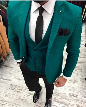 Новейшее зеленое твидовое пальто 2020 года с черными брюками Мужской костюм из 3 предметов, Сшитые на заказ Мужские костюмы для свадебной вечеринки, мужские костюмы для жениха Slim Fit