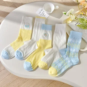 Весенне-осенние тонкие хлопковые дышащие носки с вышивкой в стиле пэчворк для девочек средней длины