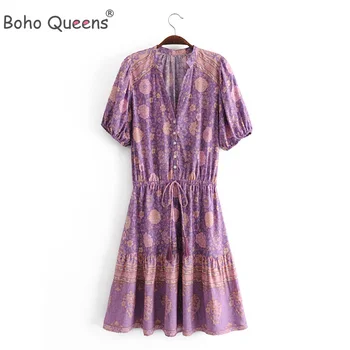 Boho Queens, женский цветочный принт, V-образный вырез, пояса, богемное мини-платье, женские платья Happie с кисточками на рукавах, Vestidos