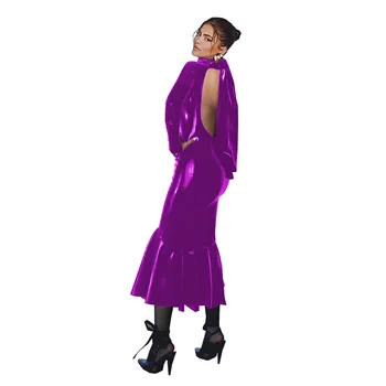 Коктейльная вечеринка, Клубное Миди-платье Русалки, сексуальное облегающее платье с оборками с большим вырезом, женское блестящее платье из ПВХ-кожи с рыбьим хвостом