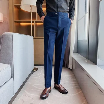 Мужской строгий костюм, брюки, Весенняя новинка, деловая мода, однотонные повседневные стрейчевые узкие брюки, высококачественная брендовая мужская одежда