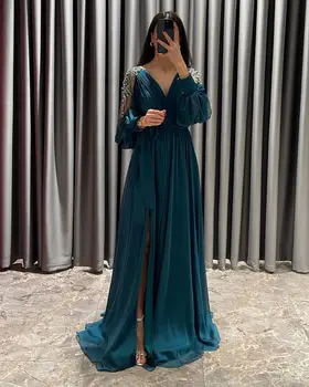 Зеленые шифоновые Дубайские арабские женские вечерние платья с пышными длинными рукавами, вечерние платья в виде сердца, вечерние платья для выпускного вечера, Robe de soiree