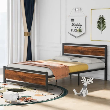 Каркас кровати из металла и дерева с изголовьем и изножьем, кровать-платформа размера 