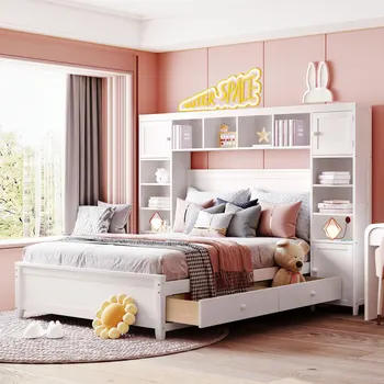 Полноразмерная деревянная кровать со встроенным шкафом и полкой, с местом для хранения, подходит для детской комнаты, белый