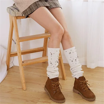 Носки для взрослых девочек, вязаные носки-трубочки средней длины, подростковые теплые чехлы для ног с жемчугом, носки