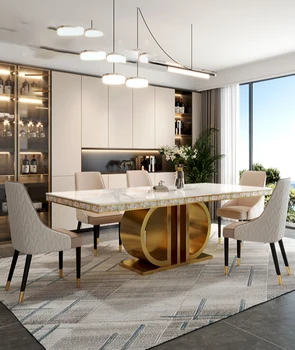 Сочетание итальянского светлого роскошного обеденного стола и стула из яркой каменной плиты, современный простой семейный ресторан, вилла прямоугольной формы
