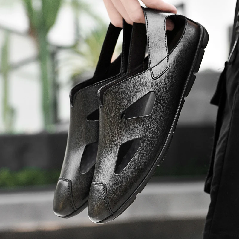 TOGEE See, Мужская повседневная обувь из натуральной кожи, Модные черные летние сандалии, Дышащие Легкие уличные лоферы, Большие размеры 36-47