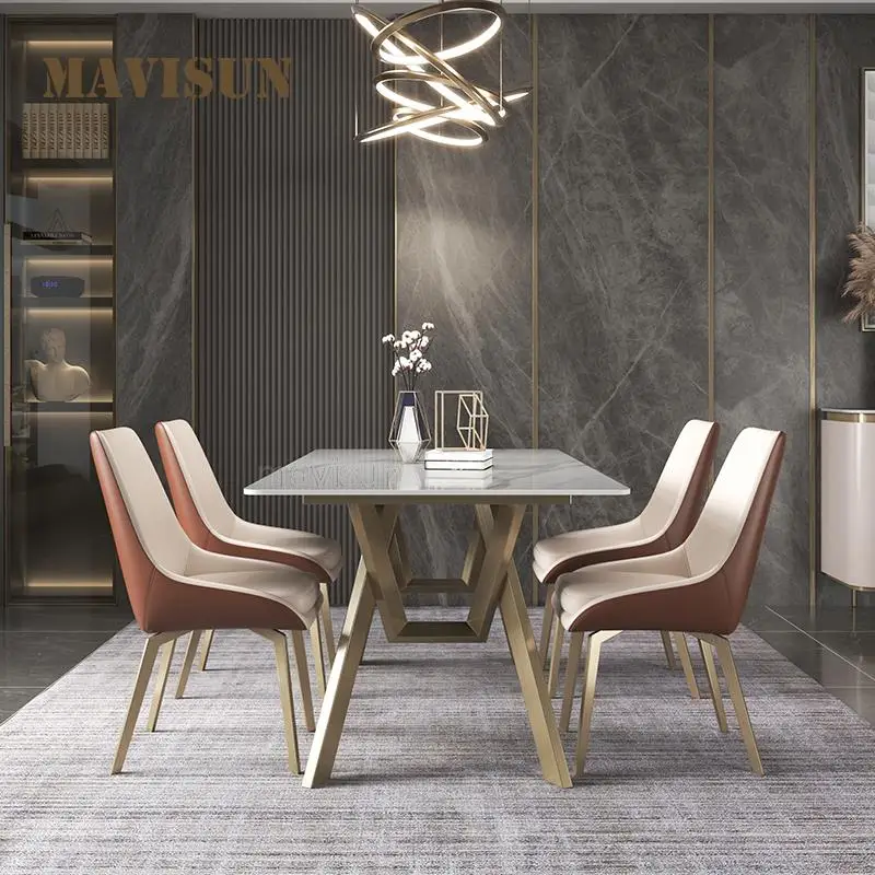 Обеденный стол из яркого мрамора в итальянском стиле, легкая роскошная комбинация современного дизайнерского ресторанного стола и стула для элитной виллы