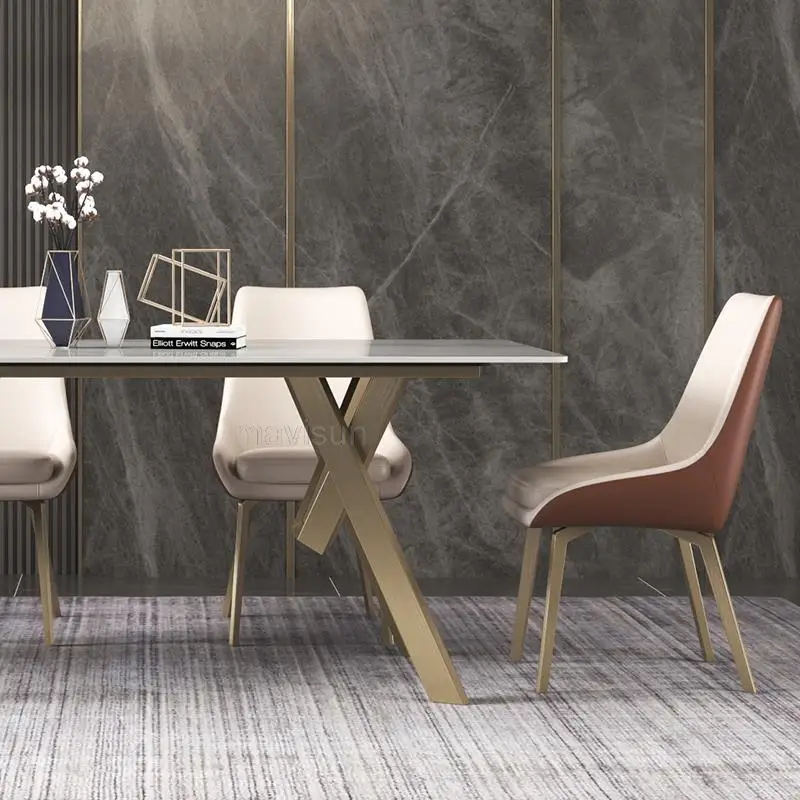 Обеденный стол из яркого мрамора в итальянском стиле, легкая роскошная комбинация современного дизайнерского ресторанного стола и стула для элитной виллы