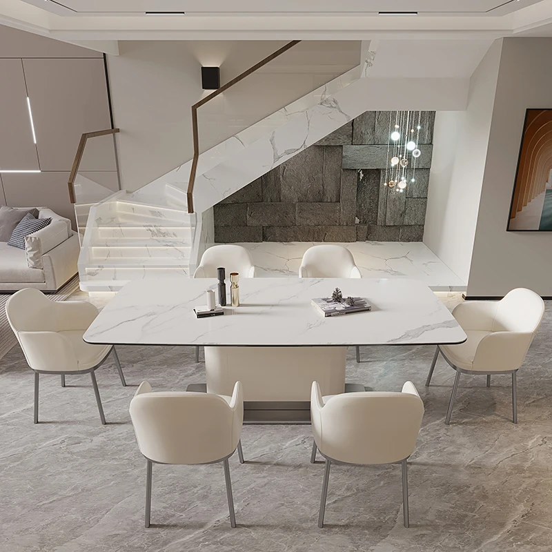 Сочетание обеденного стола и стула из итальянского сланца Простой современный прямоугольный французский кремовый стол wind white