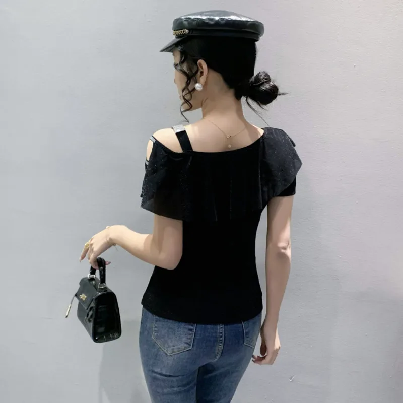 Женская футболка с оборками на одно плечо, сексуальные футболки из тонкой эластичной сетки, женская облегающая футболка с бриллиантами с коротким рукавом