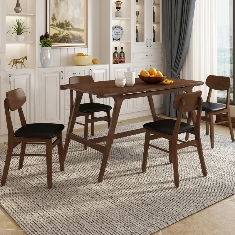 Обеденный стол из 5 предметов, кухонный стол с 4 обеденными стульями из искусственной кожи, деревянный обеденный набор в стиле середины века (коричневый)