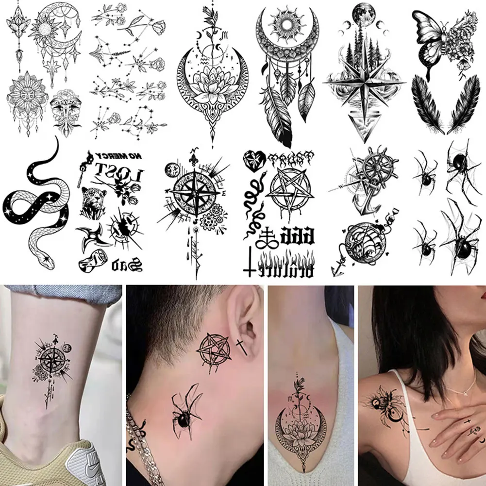 Водонепроницаемые Временные Татуировки Наклейка с татуировкой на спине, Поддельные Темные Наклейки с татуировкой, Черная Улыбка, Роза, Куб Ведьмы, Татуировка на руке, Ноге