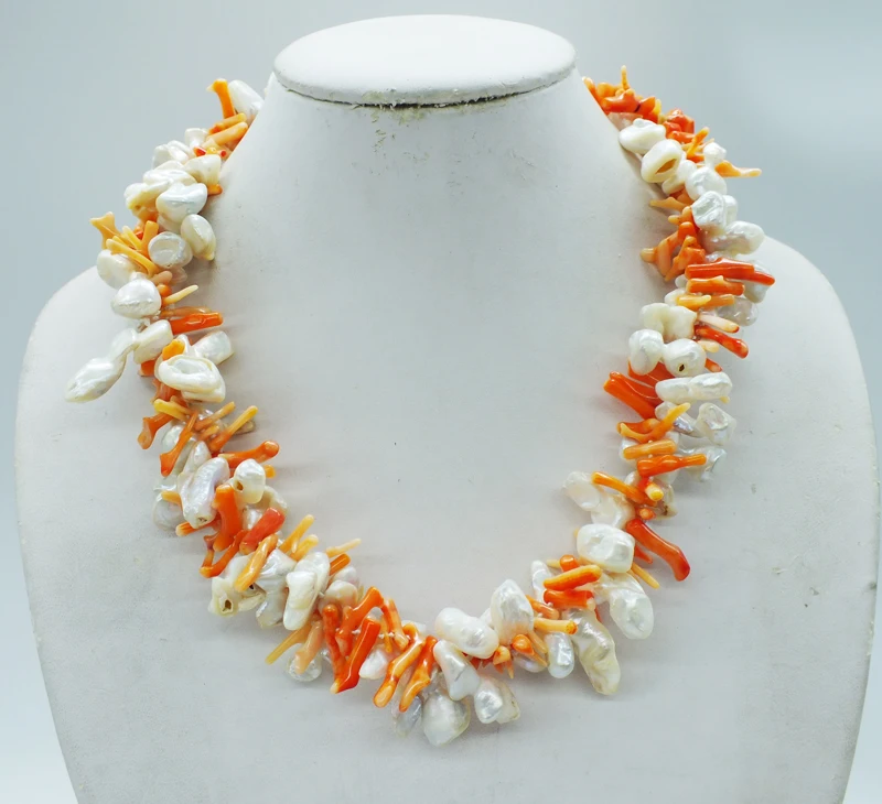 Оранжевый коралл, натуральный пресноводный возрожденный жемчуг в стиле барокко, слишком красивый!!! Классическое ожерелье 20 дюймов