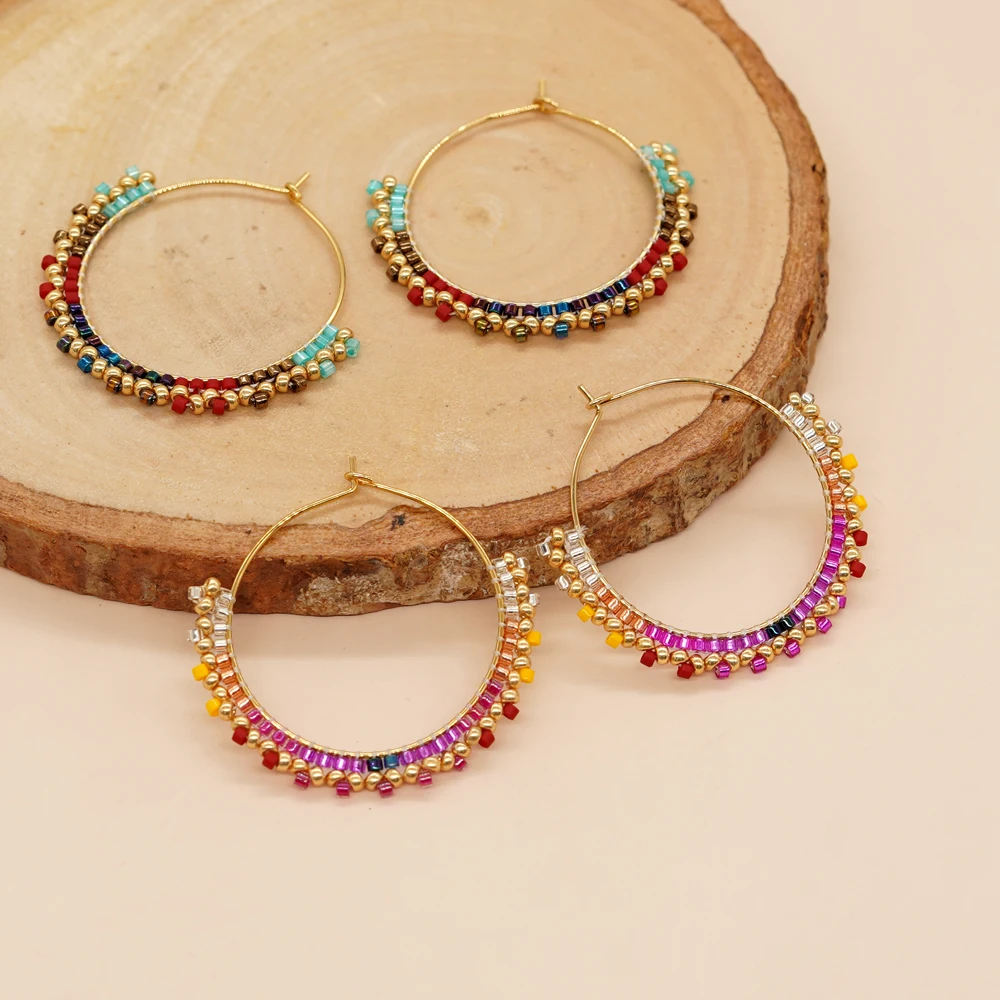 Go2boho Разноцветные серьги-кольца из нержавеющей стали, классические ювелирные изделия, двухцветные плетеные серьги из бисера Miyuki для женщин