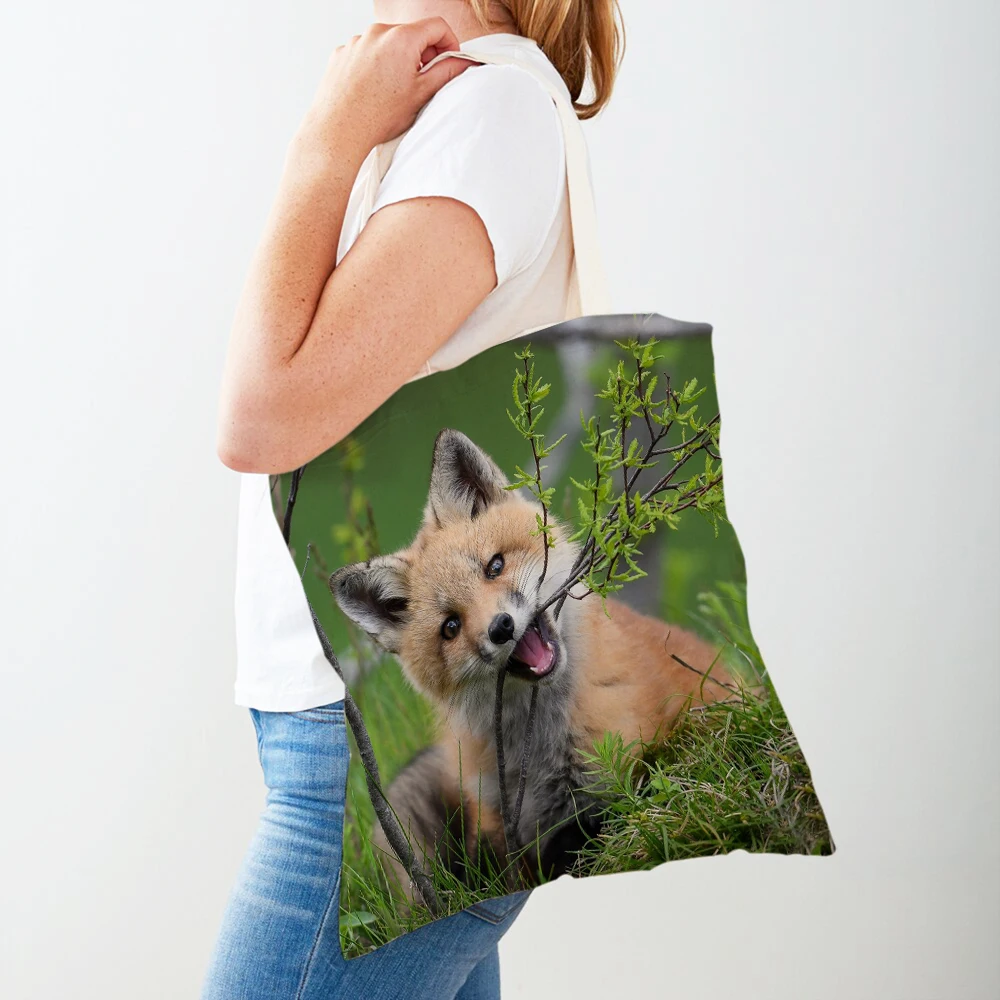 Повседневная женская сумка для покупок с диким животным Лисой, многоразовый холст с двусторонним принтом, модная дорожная сумка-тоут для женщин, сумки для покупок
